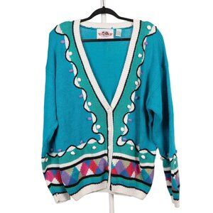VTG 80s Cardigan Sweater 40 20W Button Up Teal Geometric Grammacore Cottagecore